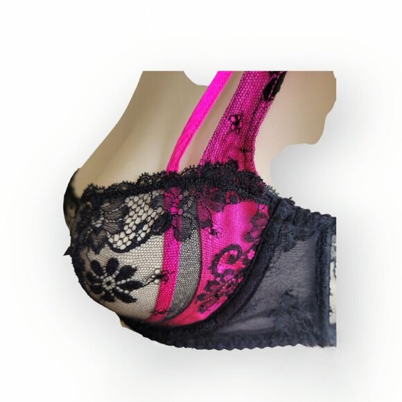 Agent Provocateur Maddy Balconette Bra Fuchsia Black Lace Silk Satin 34C - Picture 8 of 15